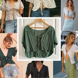 Blue green cropped textured boho tie front flutter sleeve top